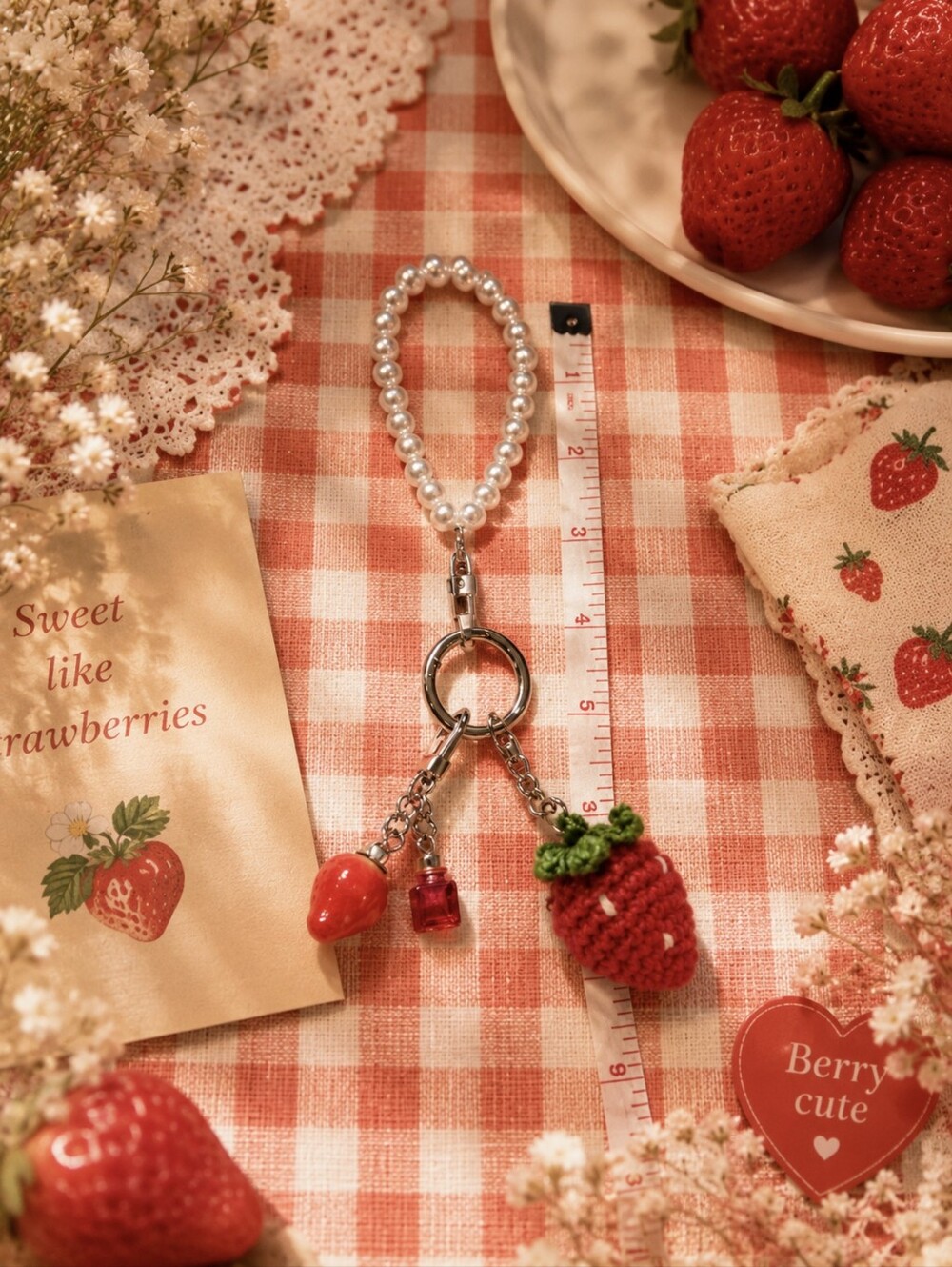 Pearl Style Beaded Strawberry Keychain/Bag Charm with Crochet Charm - Picture 2 of 3
